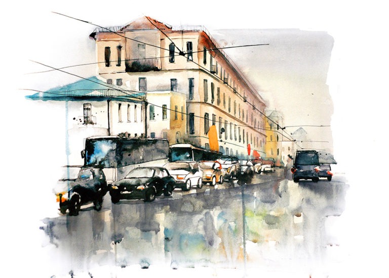 city watercolor painting